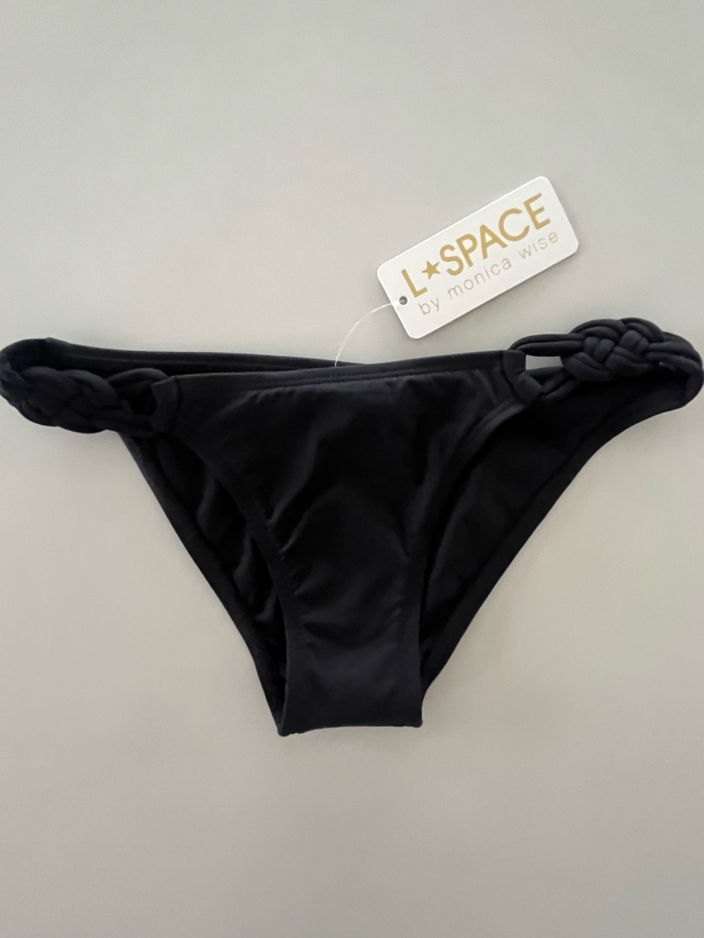 NWT L*SPACE by Monica Wise Forget  me Knot Black Braided Side Bikini Bottom XS